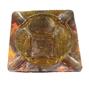 Vintage Ashtray Amber Yellow Square Glass‎ Decor Rare Great Color